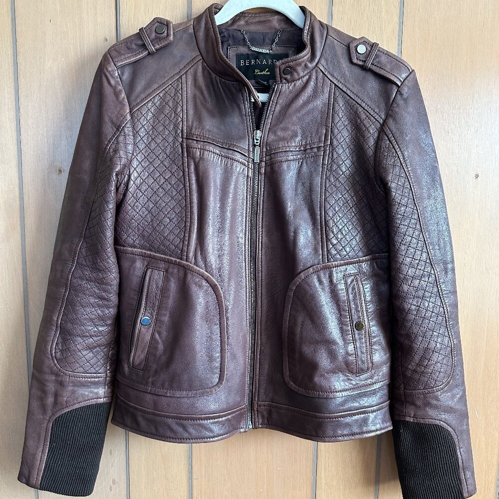 Bernardo Genuine Leather Brown Moto Jacket Women's Size Medium Slim Fit